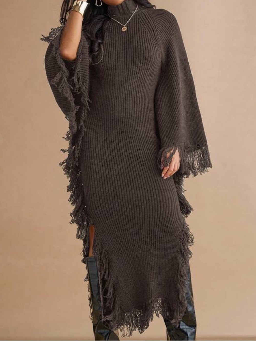 Ruched Fringe Knit Maxi Dress in Dark Brown